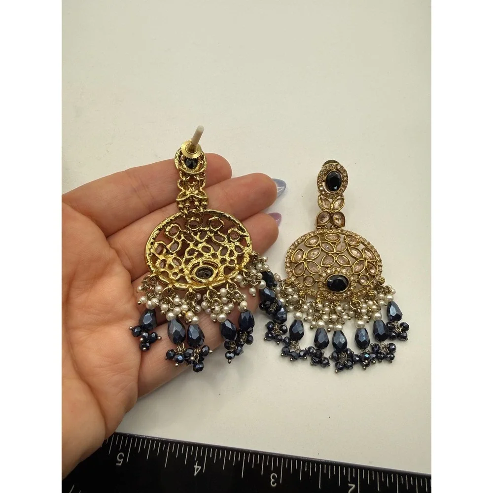 Gold Tone Chandelier Earrings Stone Navy Blue Crystal Pearl Statement Dangle